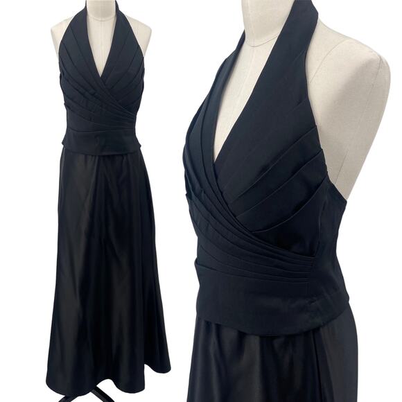 Vintage 90s Tadashi Halter Gown Pleated Bodice Taffeta Fit & Flare Maxi Black S - Picture 1 of 12